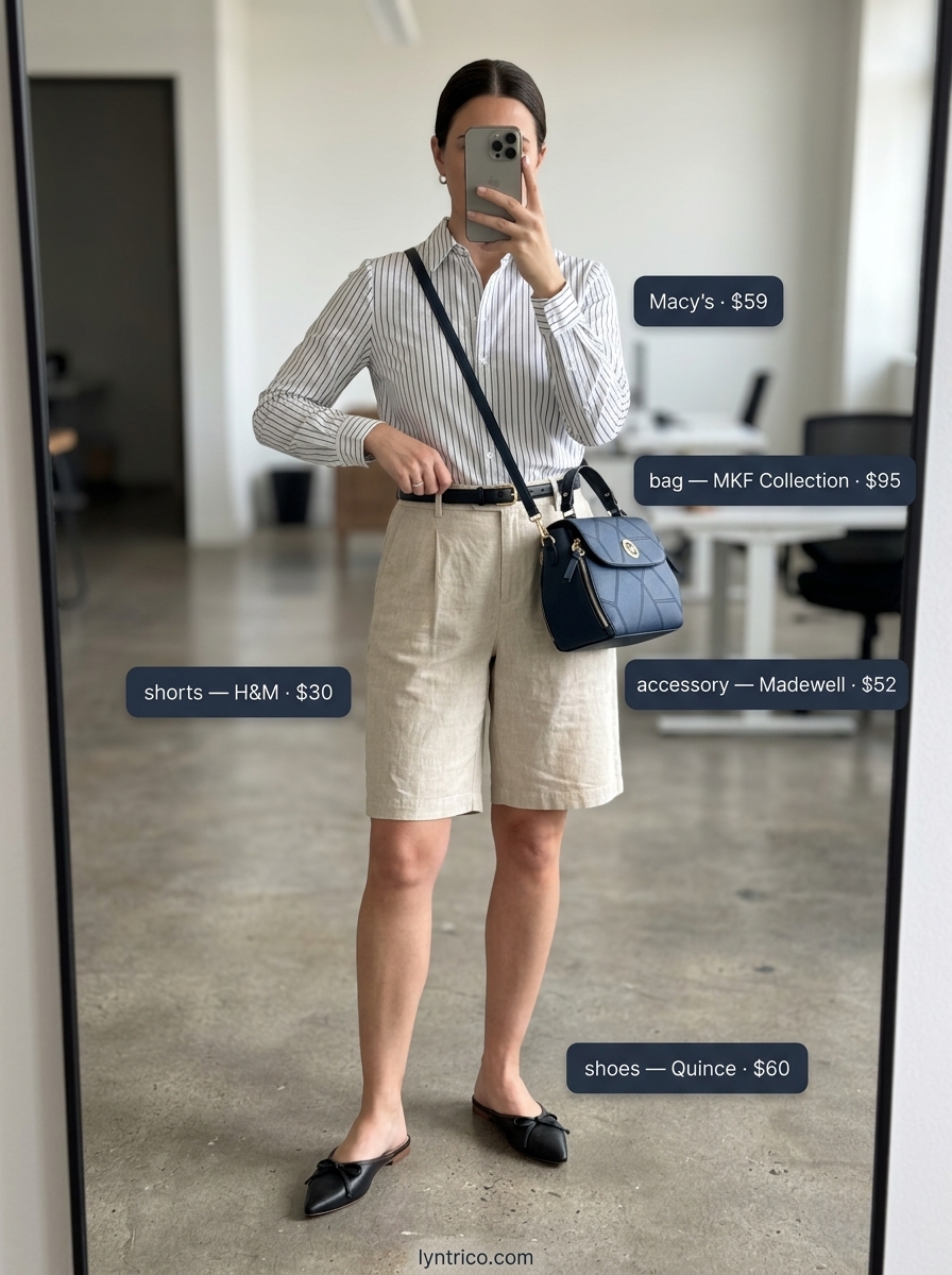 Professional summer office outfits for women 2026: Beige shorts, striped shirt, navy bag, black mules.