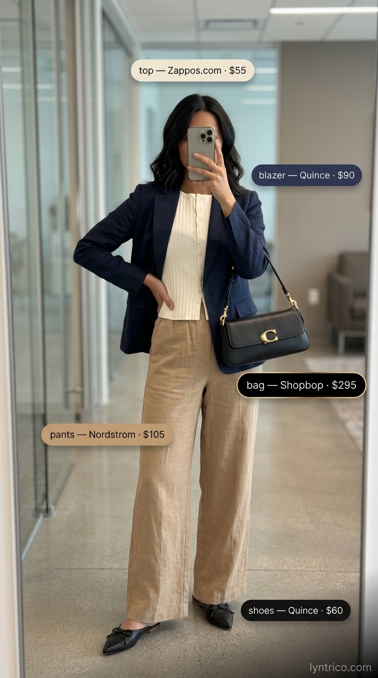 Professional summer office outfits for women 2026: Camel wide-leg trousers, navy blazer, cream knit top.