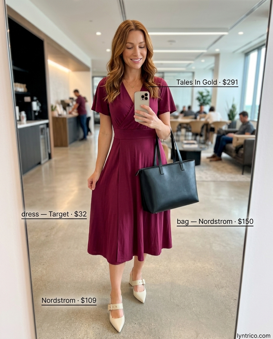Professional summer office outfits for women 2026: Berry wrap dress, cream pumps, black bag, gold necklace.