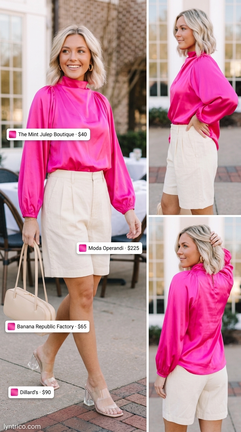 Resort Glam Summer Outfit 2026 Resort glam outfit inspo summer for women 2026: Fuchsia blouse, cream shorts, PVC sandals, gold earrings.