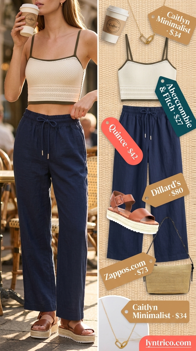 Riviera Chic Summer Style 2026 Riviera chic outfit inspo summer for women 2026: Navy wide-leg pants, crochet top, straw bag, espadrilles.