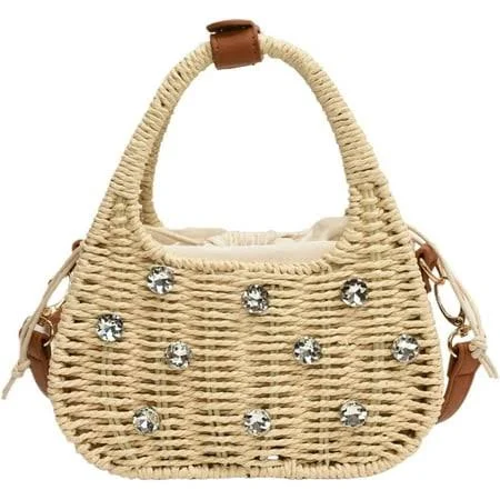 Women's Trendy Straw Basket Tote Bag with Bamboo Handle