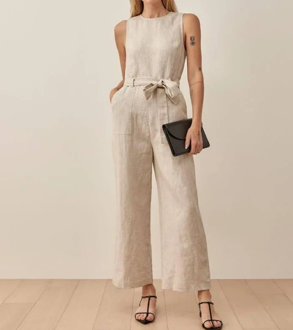 Minimalist Belted Linen Wide-Leg Jumpsuit