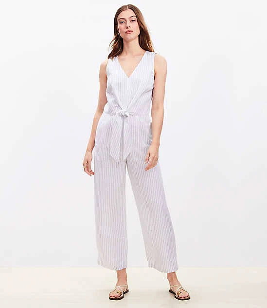 Loft Women's Striped Tie Front Linen Blend Jumpsuit