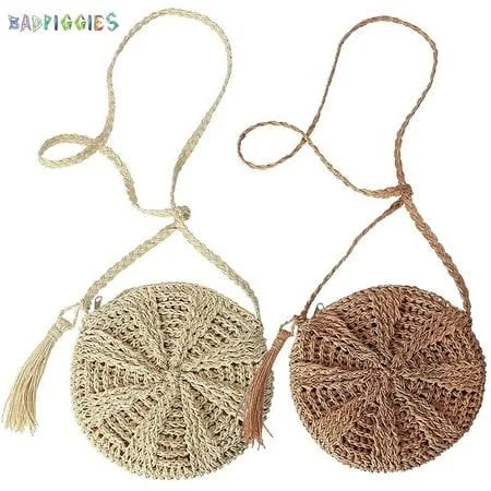 Badpiggies Women's Handmade Woven Straw Crossbody Bag with Tassels (Crochet)