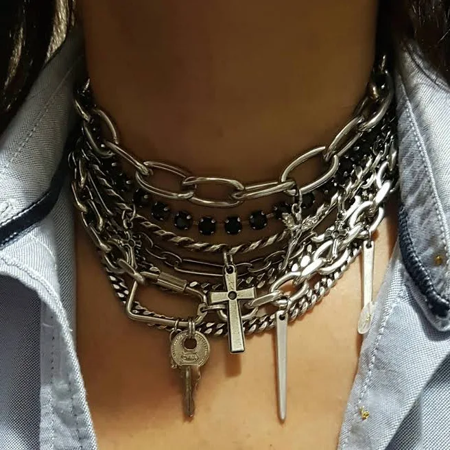 Grunge Punk Chunky Silver Choker Necklace