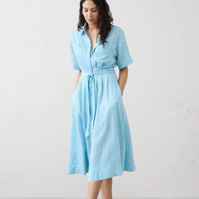 Women's Pleated Midi Shirtdress Light Blue Stripe