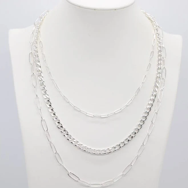 Layered Three Layer Silver Chain Necklace
