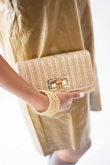 Lilly Woven Straw Bamboo Toggle Clutch