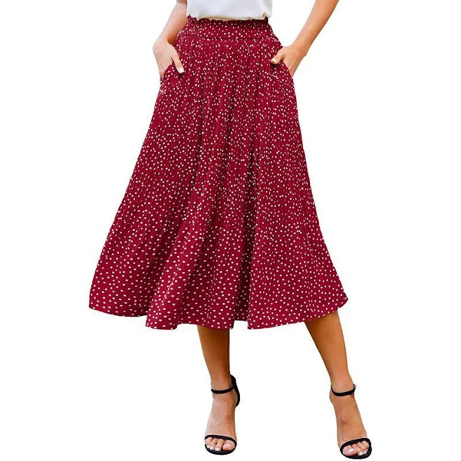 Zeagoo High Waist Pleated Polka Dot Midi Skirt