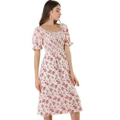 Allegra K Women's Cottagecore Floral Square Neck Puff Sleeve Midi Smocked