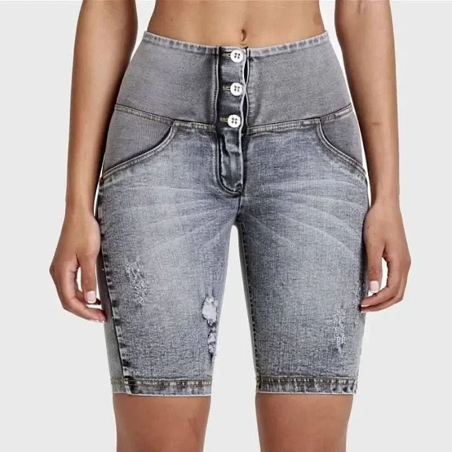 Wrup Distressed Denim High Waisted Biker Shorts