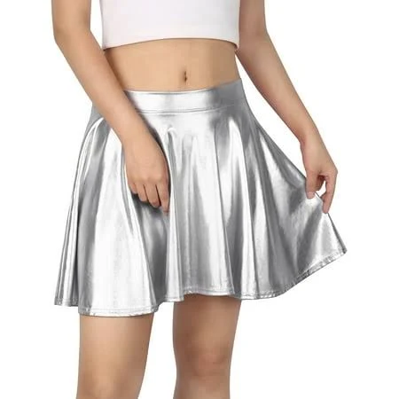 Hde Women's Shiny Liquid Metallic Wet Look Flared Pleated Skater Skirt