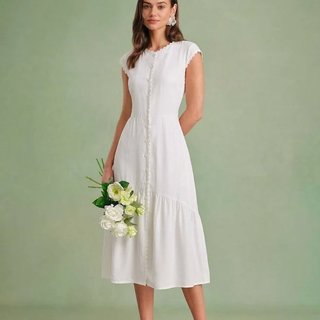 Rihoas Scalloped Cap Sleeve Button Front A-Line Midi Dress