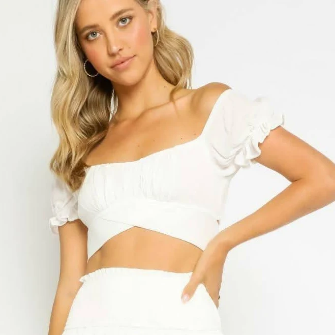 White Puff Sleeve Crop Top – Sweetheart Neckline | Olivaceous True To You | Size L