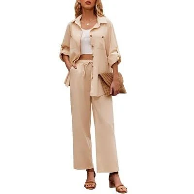 Zeagoo Women's 2 Piece Linen Button Down Shirt and Drawstring Pants Set