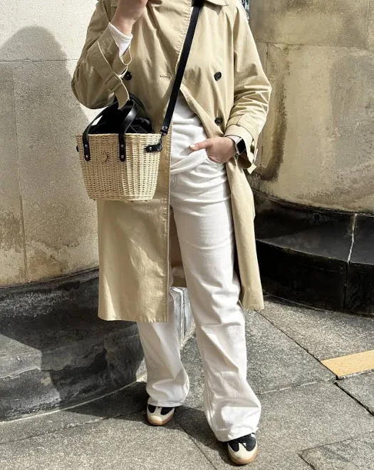 Women's Trendy Straw Bucket Basket Handbag with Leather Handles