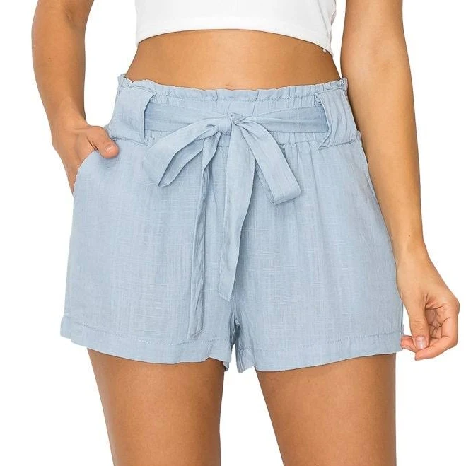 Oceanside Women's Paperbag Linen Shorts with Elastic Waist and Pockets