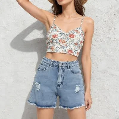 Women's High Waist Distressed Raw Hem Denim Shorts