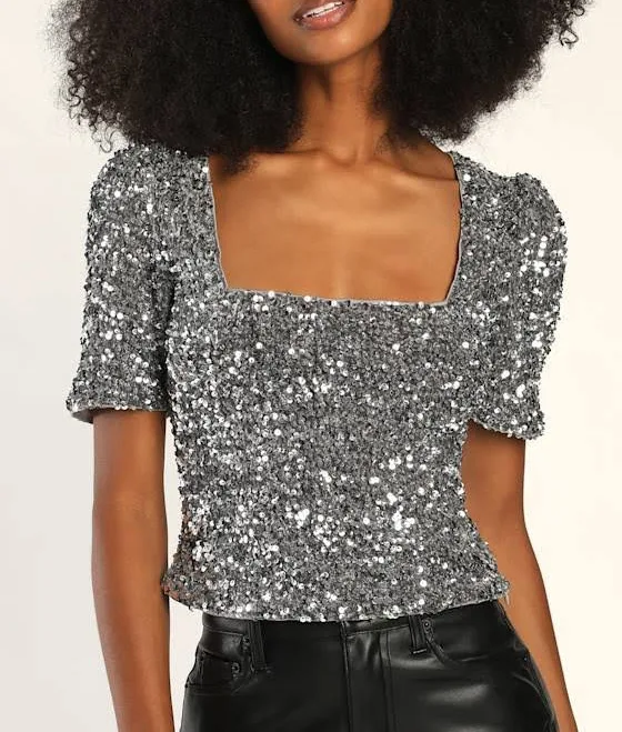 Lulus Women's Sequin Square Neck Short Sleeve Crop Top