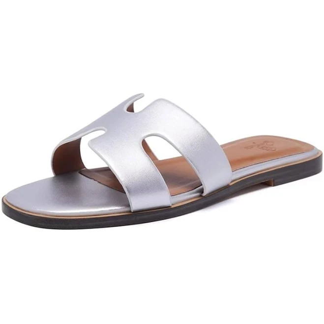 Vegan Leather Metallic Silver Flat Slip On Sandals Size 8