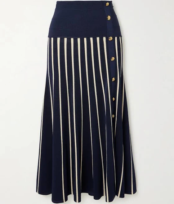 Zimmermann Luna Button-detailed Pleated Striped Knitted Midi Skirt - Women - Navy Skirts - XXL