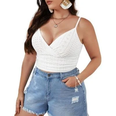 Women's Plus Size Eyelet Lace Crisscross V-Neck Spaghetti Strap Cami Top