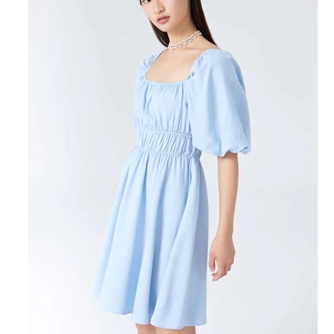 Cider Milkmaid Dress S Blue Puff Sleeve Babydoll Smocked Fit Flare Coquette