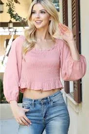 Pink Puff Sleeve Smocked Crop Top (S-L)