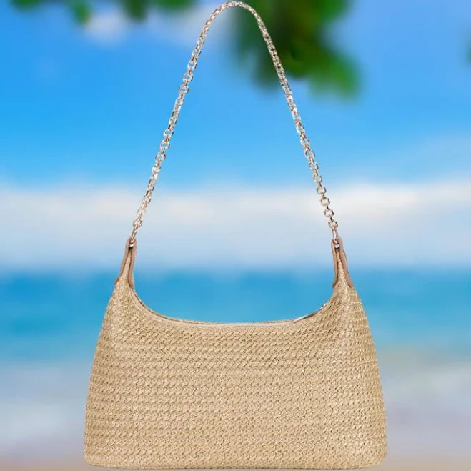 Chic Summer Woven Straw Baguette Bag with Gold Chain