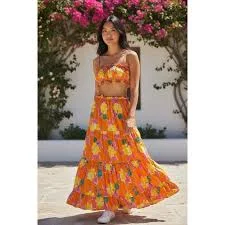 Lulus Orange Floral Two Piece Set Smocked Crop Top Tiered Maxi Skirt XS