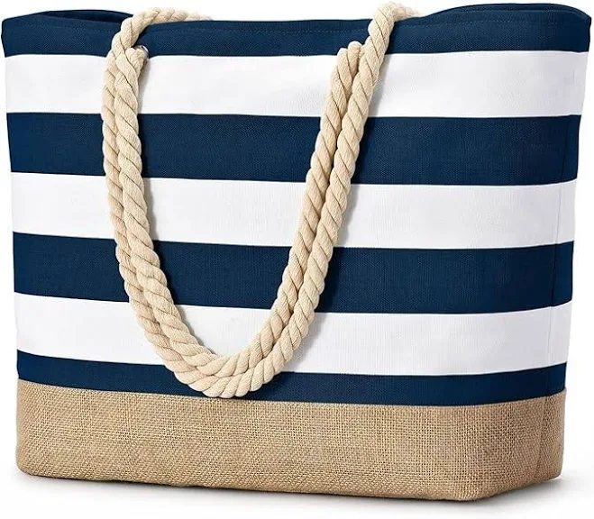 Striped Beach Tote Bag Large Navy White Rope Handles Canvas Jute