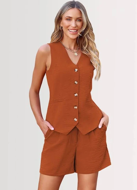 Prettygarden Women's Sleeveless Button Down V Neck Vest and Pockets Shorts
