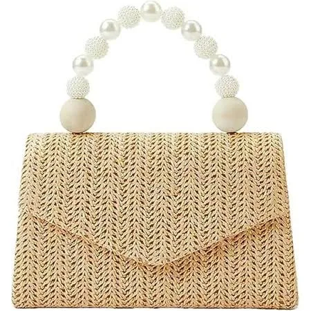 Qingbin Straw Evening Handbag for Women Exquisite Pearl Beaded Top-Handle Purse Small Satchel Purse Woven Clutch Bag 2025, Women's, White