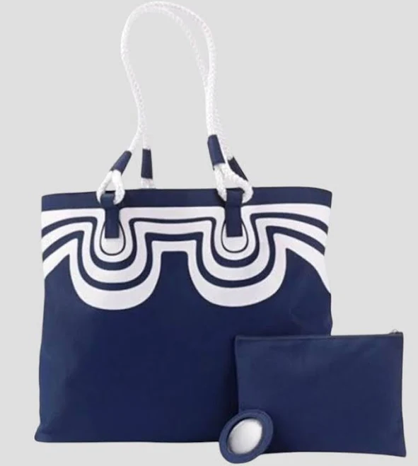 Navy Blue And White Lined Canvas Tote Bag Rope Strap + Bonus
