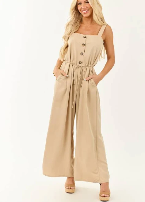 Latte Button Up Wide Leg Sleeveless Jumpsuit