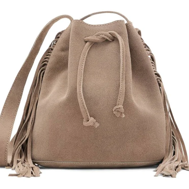 MANGO Teenage Girl Fringed Leather Bucket Bag