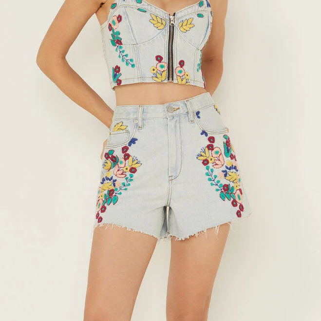 Blank NYC Women's High-Rise Floral Embroidered Denim Shorts