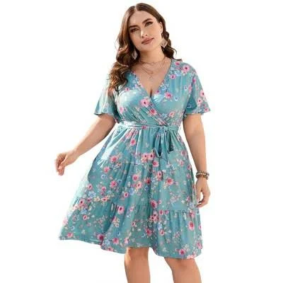 Women's V-Neck Flutter Sleeve Floral Midi Surplice Dress