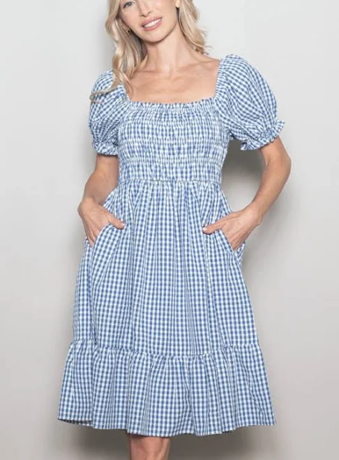 Gingham Smocked Puff Sleeve Maternity Dress