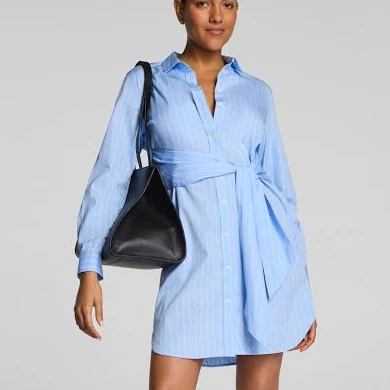 Spanx Women's Poplin Button-Down Mini Shirt Dress with Tie Belt