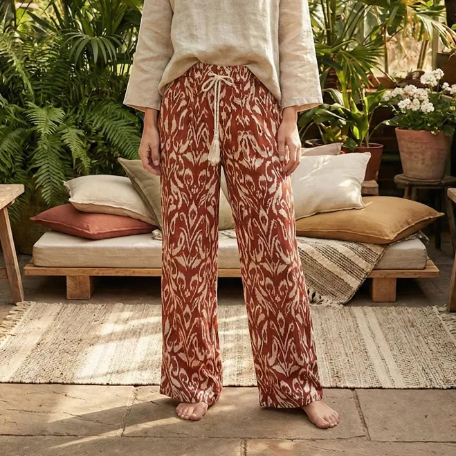Women's Boho High-Waisted Drawstring Wide Leg Ikat Print Pants