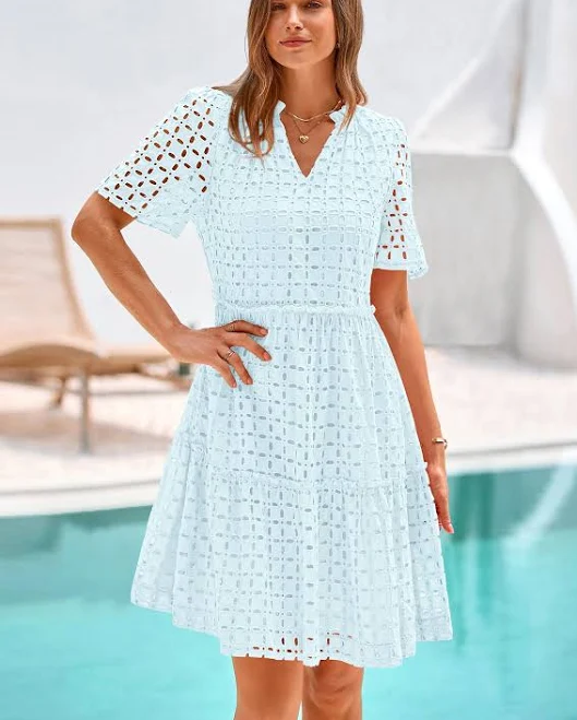 Prettygarden Women's V Neck Hollow Out Ruffle A-Line Swing Dress