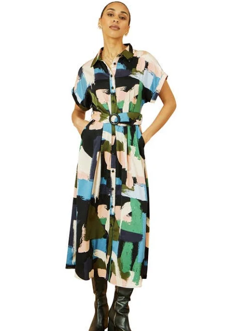 Yumi Women's Relaxed Brushstroke Print Midi Shirt Dress