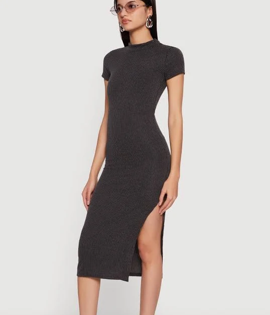 Women's Rib Knit Side Slit Mock Neck Midi Dress