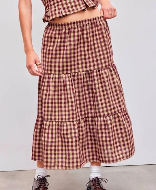 Seaside Romance High Rise Gingham Tiered Midi Skirt