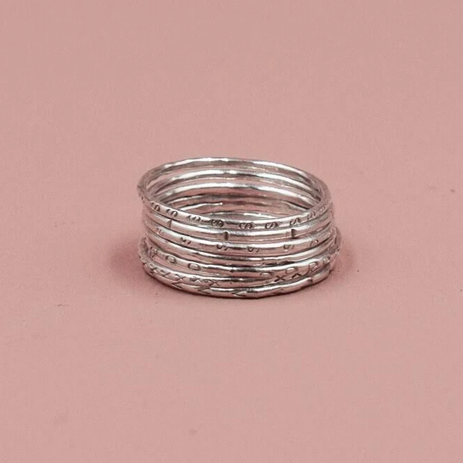 925 Sterling Silver Hammered Multiple Rings