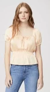 EUC PAIGE OLENNA Puff Sleeve Smocked Waist Light Orange Peach Top Blouse Sz S