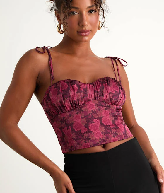 Lulus Floral Satin Tie-Strap Crop Top