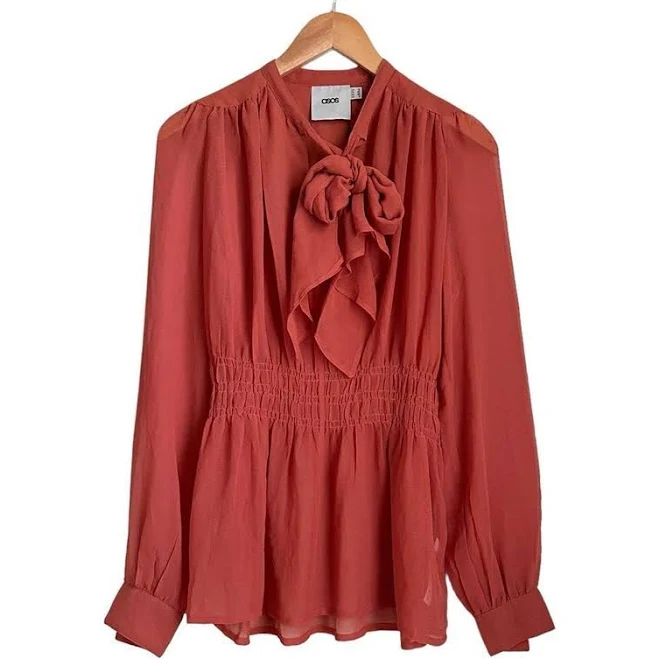 Asos Tops | Asos Nwt Sheer Peplum Blouse 6 Terracotta Balloon Sleeve Tie Neck Office Siren | Color: Orange | Size: 6 | Kimhall2007's Closet
